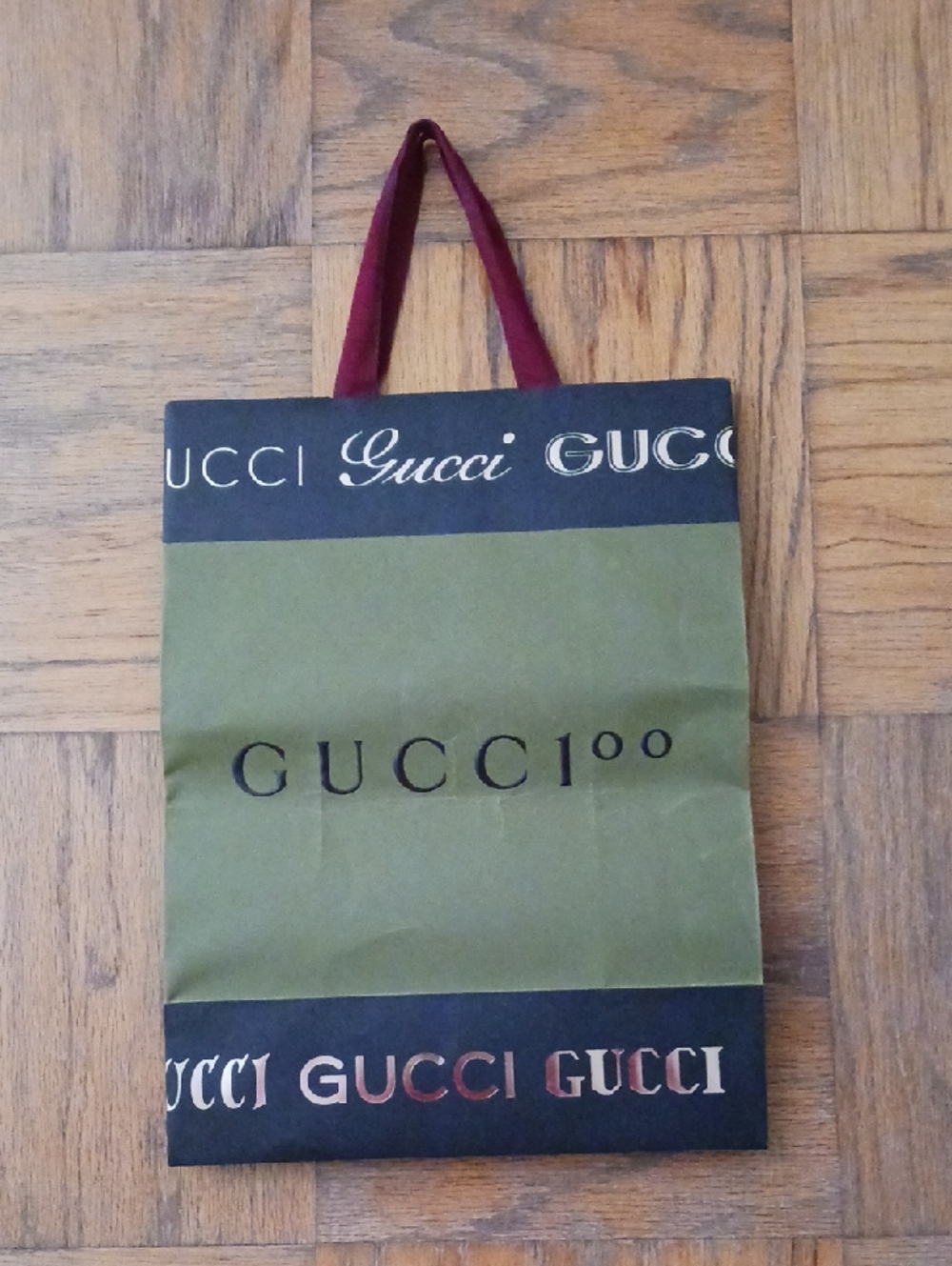 Gucci Olive Green and Black Paper Shopping Bag with Burgundy Handles